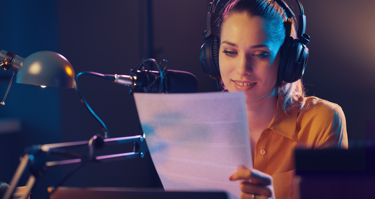 Woman recording a radio ad script template